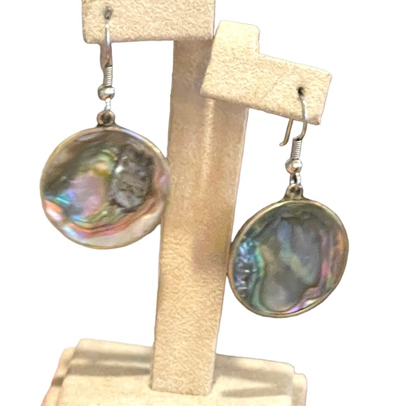 Vintage 90s Mexico Alpaca Abalone disk dangle earrings - Picture 2 of 5